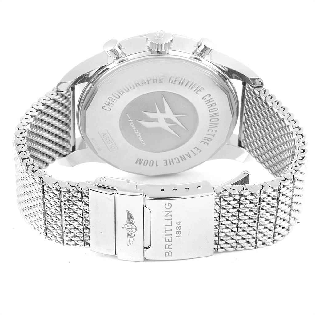 The image shows the back and clasp of the Breitling Transocean AB0510 Men's Stainless Steel Silver Dial AB0510 Men's Stainless Steel Silver Dial watch with a mesh bracelet.