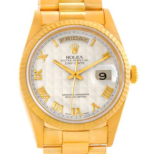 The image shows a frontal view of a Rolex President 18238 Men's Yellow Gold Beige Dial 18238 Men's Yellow Gold Beige Dial Day-Date watch, including the face, bezel, crown, and part of the bracelet.