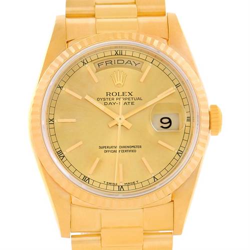 This image shows a front view of a Rolex President 18238 Men's Yellow Gold Champagne Dial 18238 Men's Yellow Gold Champagne Dial model watch, including its dial, hands, bezel, bracelet, and day-date display.