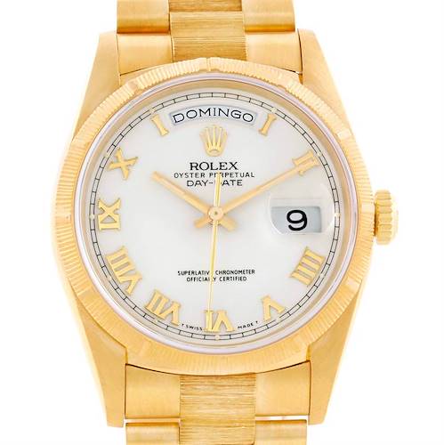 The image shows a front angle of a Rolex President 18248 Men's Yellow Gold White Dial 18248 Men's Yellow Gold White Dial model watch, displaying its dial, hands, date, and day indicators.
