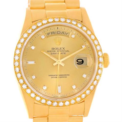 The image shows a frontal view of a Rolex President 18348 Men's Yellow Gold Champagne Dial 18348 Men's Yellow Gold Champagne Dial model watch, highlighting its diamond-studded bezel, gold dial, and bracelet.