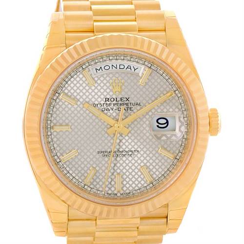 This is a front view of a Rolex President 228238 Men's Yellow Gold Silver Dial 228238 Men's Yellow Gold Silver Dial model watch, showing its face, dial, and part of the bracelet.