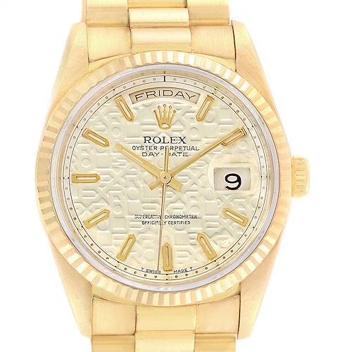 The image shows a front view of a Rolex President 18238 Men's Yellow Gold Beige Dial 18238 Men's Yellow Gold Beige Dial model watch, displaying the face, bezel, day, and date features.