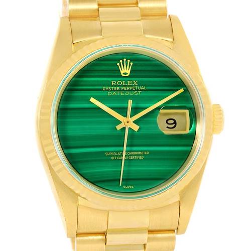 The image shows a close-up, front view of the Rolex President 16238 Men's Yellow Gold Green Dial 16238 Men's Yellow Gold Green Dial model watch, revealing the face, hands, crown, and part of the bracelet.