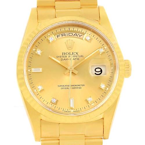 This is a frontal close-up view of a Rolex President 18238 Men's Yellow Gold Champagne Dial 18238 Men's Yellow Gold Champagne Dial model watch, showcasing the dial, bezel, crown, and part of the bracelet.