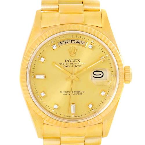 This image shows a front view of the Rolex President 18038 Men's Yellow Gold Champagne Dial 18038 Men's Yellow Gold Champagne Dial Day-Date watch, including the dial, bracelet, and crown.
