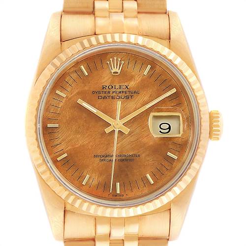This image shows a frontal close-up view of the dial and bezel of a Rolex President 16238 Men's Yellow Gold Brown Dial 16238 Men's Yellow Gold Brown Dial Oyster Perpetual Datejust watch.
