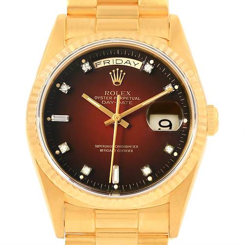 The image shows a close-up frontal view of a Rolex President 18238 Men's Yellow Gold Brown Dial 18238 Men's Yellow Gold Brown Dial watch, featuring the face and part of the gold band.