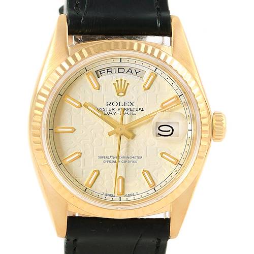 This image shows a front view of the Rolex President 18038 Men's Yellow Gold Beige Dial 18038 Men's Yellow Gold Beige Dial Day-Date model, featuring its dial, bezel, hands, and date window.