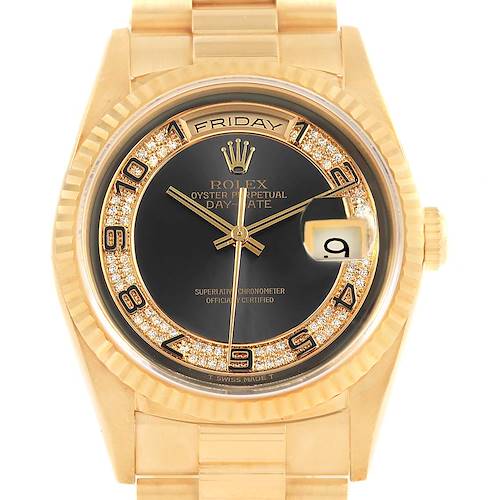 The image shows a front view of a Rolex President 18238 Men's Yellow Gold Brown Dial 18238 Men's Yellow Gold Brown Dial Day-Date watch with a gold case, black dial, and diamond hour markers.