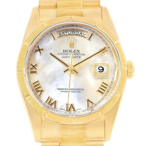 This image shows a frontal view of the Rolex President 18248 Men's Yellow Gold Mother of Pearl Dial 18248 Men's Yellow Gold Mother of Pearl Dial model watch, highlighting the dial, hands, day, and date features.
