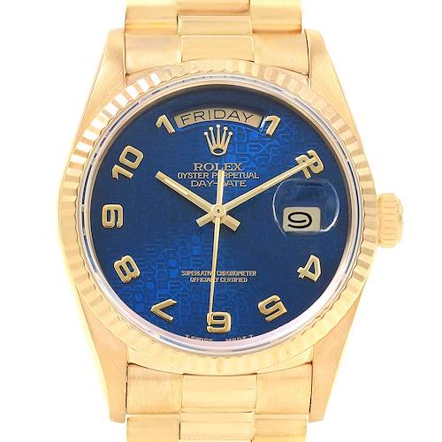 The image shows a front view of a Rolex President 18038 Men's Yellow Gold Blue Dial 18038 Men's Yellow Gold Blue Dial watch, highlighting its blue dial, gold numerals, day-date display, and gold bracelet.