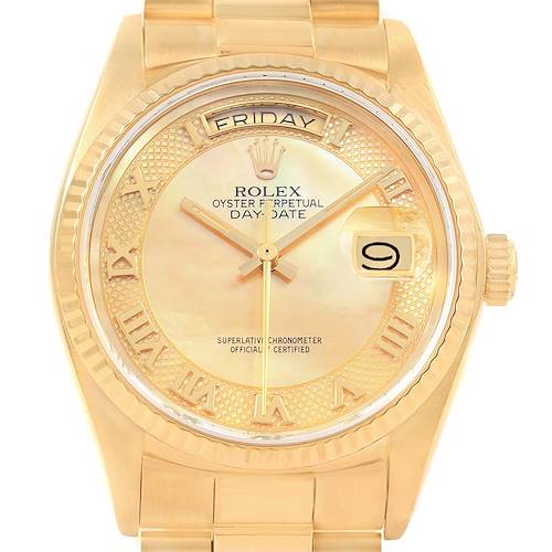 The Rolex President 18038 Men's Yellow Gold Mother of Pearl Dial 18038 Men's Yellow Gold Mother of Pearl Dial watch is shown from the front, displaying the dial, day, date, and part of the bracelet.