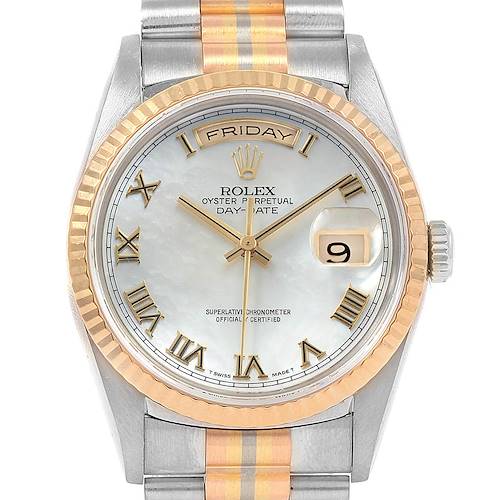 This Rolex President 18239 Men's White Gold Mother of Pearl Dial 18239 Men's White Gold Mother of Pearl Dial model watch is shown from the front, highlighting the dial, bezel, and the start of the bracelet.