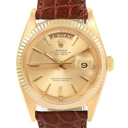 This image shows a front view of a Rolex President 1803 Men's Yellow Gold Champagne Dial 1803 Men's Yellow Gold Champagne Dial Day-Date watch, highlighting the face, hands, and day-date display with a brown leather strap.