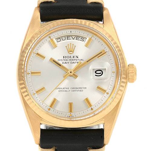 The image shows a front view of a Rolex President 1803 Men's Yellow Gold Silver Dial 1803 Men's Yellow Gold Silver Dial model watch, highlighting the face, hands, date window, and strap attachment.