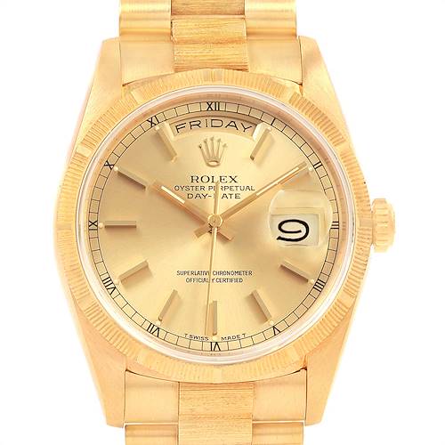 The image shows a close-up of the Rolex President 18248 Men's Yellow Gold Champagne Dial 18248 Men's Yellow Gold Champagne Dial model watch, focusing on the dial, bezel, and part of the bracelet.