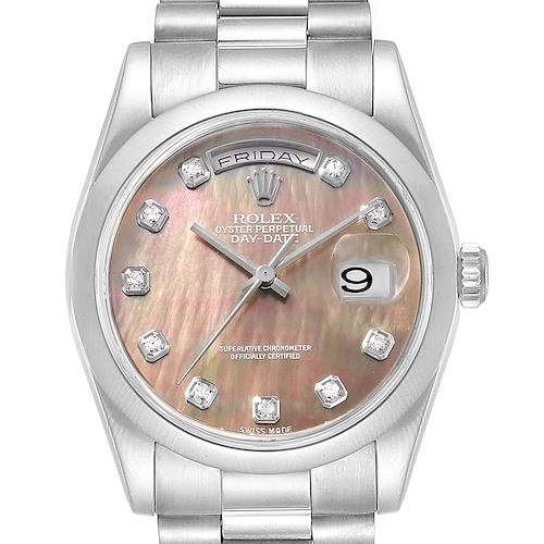 The image shows a Rolex President 118209 Men's White Gold Mother of Pearl Dial 118209 Men's White Gold Mother of Pearl Dial model watch from a front angle, highlighting the face, dial, and bracelet.