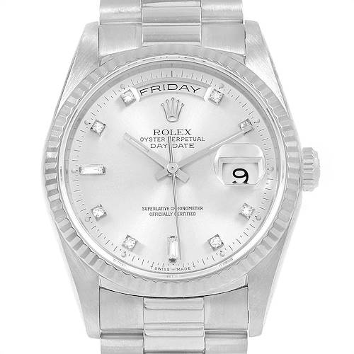 The image shows a frontal view of the Rolex President 18239 Men's White Gold Silver Dial 18239 Men's White Gold Silver Dial model, highlighting the dial, hands, day-date feature, and bracelet.