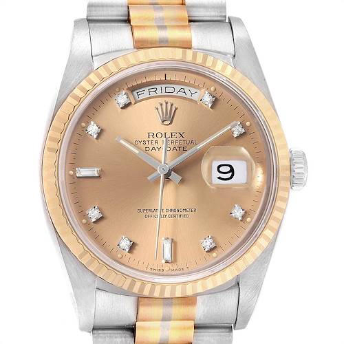 The Rolex President 18239 Men's White Gold Brown Dial 18239 Men's White Gold Brown Dial model watch is shown from a front angle displaying the dial, bezel, and bracelet.