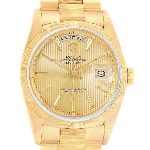 The image shows a front view of a Rolex President 18248 Men's Yellow Gold Champagne Dial 18248 Men's Yellow Gold Champagne Dial Day-Date watch, highlighting the dial, hands, day and date indicators, and part of the bracelet.