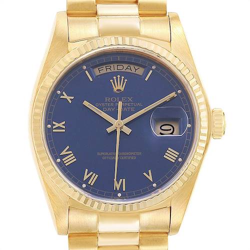 The image shows a front view of a Rolex President 18038 Men's Yellow Gold Blue Dial 18038 Men's Yellow Gold Blue Dial model watch, highlighting the blue dial, day-date display, and gold bracelet.