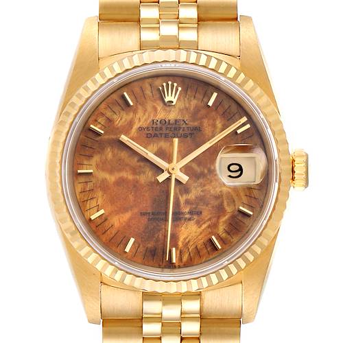 The image shows a front view of a Rolex President 16238 Men's Yellow Gold Brown Dial 16238 Men's Yellow Gold Brown Dial model watch, highlighting its gold case, brown dial, date window, and bracelet.