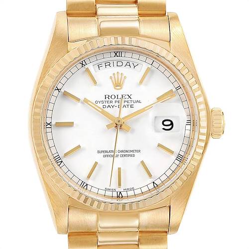 The image shows a front view of the Rolex President 18038 Men's Yellow Gold White Dial 18038 Men's Yellow Gold White Dial model watch, highlighting its dial, bezel, and bracelet.