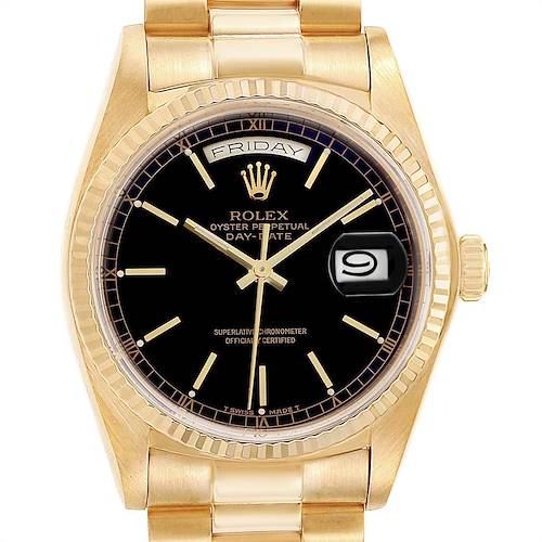The image shows a front view of a Rolex President 18038 Men's Yellow Gold Black Dial 18038 Men's Yellow Gold Black Dial model watch, displaying the dial, hands, day, and date.