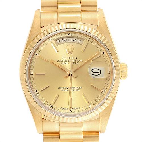The image shows a front-facing view of a Rolex President 18038 Men's Yellow Gold Champagne Dial 18038 Men's Yellow Gold Champagne Dial model watch, highlighting the dial, bezel, and part of the bracelet.