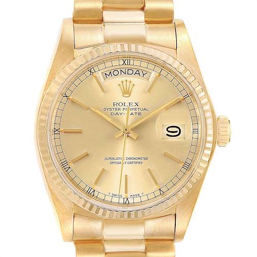 The image shows a frontal view of a Rolex President 18038 Men's Yellow Gold Champagne Dial 18038 Men's Yellow Gold Champagne Dial model watch, displaying its face, dial, bracelet, and crown.