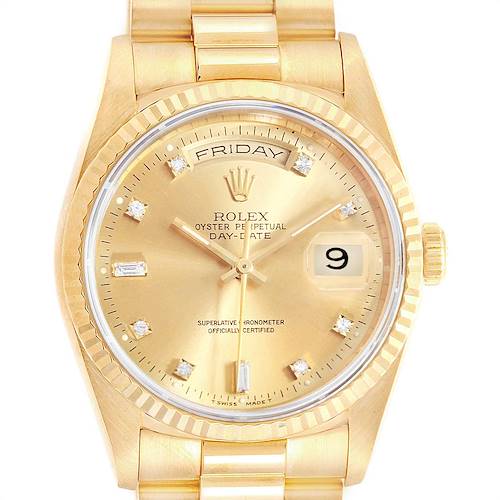 This image shows a Rolex President 18238 Men's Yellow Gold Champagne Dial 18238 Men's Yellow Gold Champagne Dial model watch in a front-facing angle, highlighting the dial, day and date display, and bracelet.