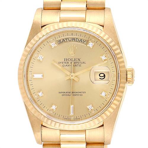 This image shows a front view of a Rolex President 18238 Men's Yellow Gold Champagne Dial 18238 Men's Yellow Gold Champagne Dial Oyster Perpetual Day-Date watch, highlighting its gold dial, day and date displays.