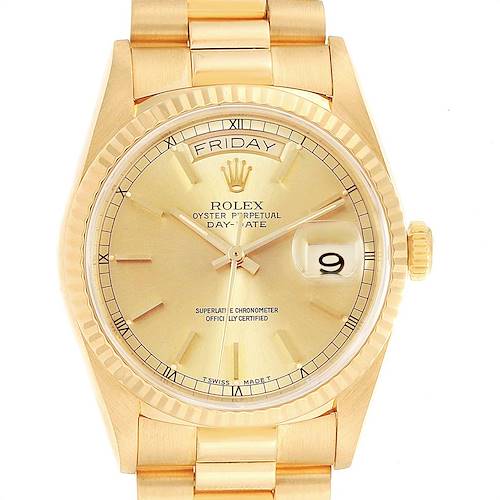 The image shows a close-up, front view of the Rolex President 18238 Men's Yellow Gold Champagne Dial 18238 Men's Yellow Gold Champagne Dial Day-Date watch, highlighting the dial, bezel, and part of the bracelet.