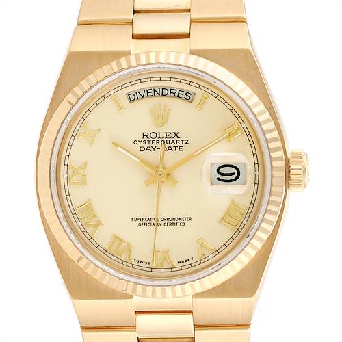 The image shows a front view of the Rolex President 19018 Men's Yellow Gold Beige Dial 19018 Men's Yellow Gold Beige Dial model watch, displaying the dial, hands, day, date, and part of the bracelet.