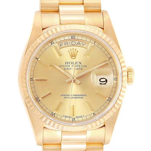 This image shows the face, bezel, and bracelet of a gold Rolex President 18238 Men's Yellow Gold Champagne Dial 18238 Men's Yellow Gold Champagne Dial model watch from a frontal angle.