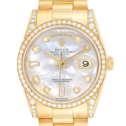 The image shows a Rolex President 118388 Men's Yellow Gold Mother of Pearl Dial 118388 Men's Yellow Gold Mother of Pearl Dial model watch from the front, highlighting the dial, bezel, and part of the bracelet.