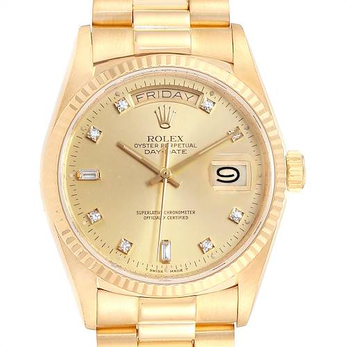 The image shows a front view of a Rolex President 18038 Men's Yellow Gold Champagne Dial 18038 Men's Yellow Gold Champagne Dial model watch, highlighting its gold case, bracelet, and day-date display.