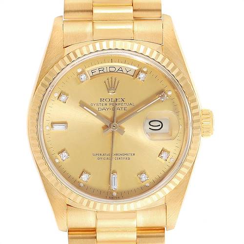 The image shows a front view of the Rolex President 18038 Men's Yellow Gold Champagne Dial 18038 Men's Yellow Gold Champagne Dial model watch, highlighting its dial, hands, date, and day indicators.