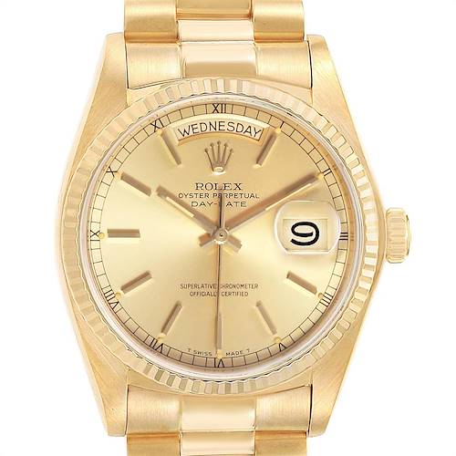 The image shows a front view of a Rolex President 18038 Men's Yellow Gold Champagne Dial 18038 Men's Yellow Gold Champagne Dial Oyster Perpetual Day-Date watch, highlighting the dial, bezel, and part of the bracelet.