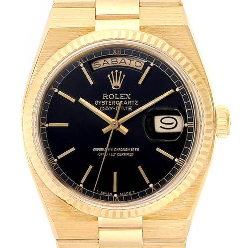 This image shows the front view of the Rolex President 19018 Men's Yellow Gold Black Dial 19018 Men's Yellow Gold Black Dial watch, highlighting the dial, hands, day-date windows, and part of the bracelet.