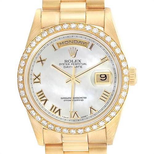 The image shows a close-up, front view of the Rolex President 18238 Men's Yellow Gold Mother of Pearl Dial 18238 Men's Yellow Gold Mother of Pearl Dial model watch with a gold band, bezel set with diamonds, and day-date features.