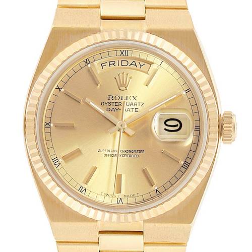 The image shows a front view of the dial and bezel of a Rolex President 19018 Men's Yellow Gold Champagne Dial 19018 Men's Yellow Gold Champagne Dial model watch.