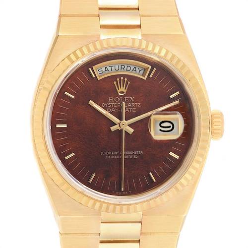 The image shows a front view of a Rolex President 14418 Men's Yellow Gold Brown Dial 14418 Men's Yellow Gold Brown Dial model watch, highlighting its gold case, brown dial, day-date display, and fluted bezel.