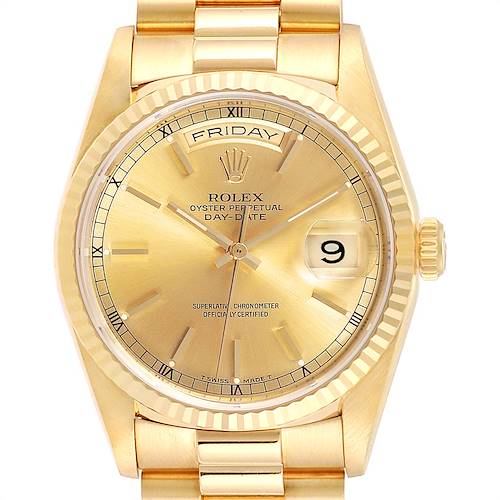 The image shows the Rolex President 18238 Men's Yellow Gold Champagne Dial 18238 Men's Yellow Gold Champagne Dial model watch face and part of the bracelet, in a close-up, head-on angle.
