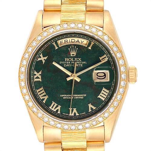 The image shows a front view of a Rolex President 18078 Men's Yellow Gold Green Dial 18078 Men's Yellow Gold Green Dial model watch with a green dial, diamond bezel, and gold band.