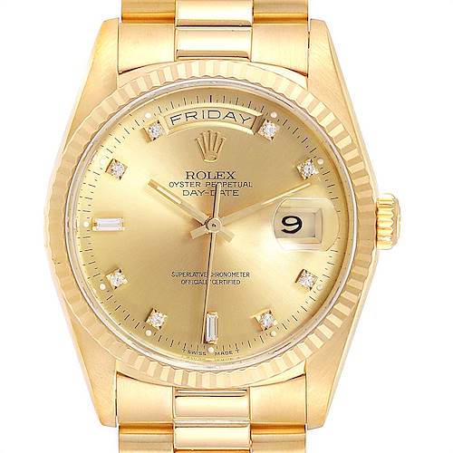 The image shows a Rolex President 18038 Men's Yellow Gold Champagne Dial 18038 Men's Yellow Gold Champagne Dial model watch from a front angle, displaying its gold dial, diamond hour markers, day, and date feature.