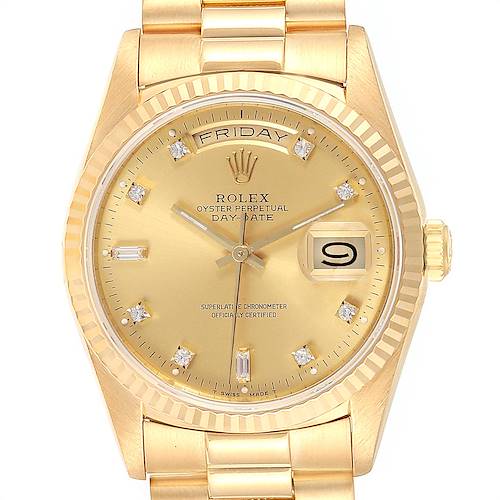 The image shows a close-up frontal view of a Rolex President 18238 Men's Yellow Gold Champagne Dial 18238 Men's Yellow Gold Champagne Dial model watch, displaying its dial, date window, and part of the bracelet.