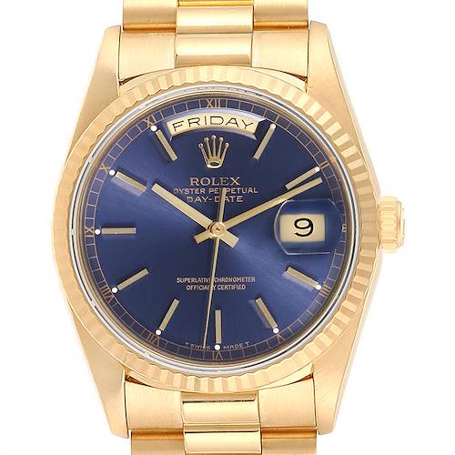 The image shows a frontal view of a Rolex President 18238 Men's Yellow Gold Blue Dial 18238 Men's Yellow Gold Blue Dial model watch, featuring its blue dial, day-date display, and gold bracelet.
