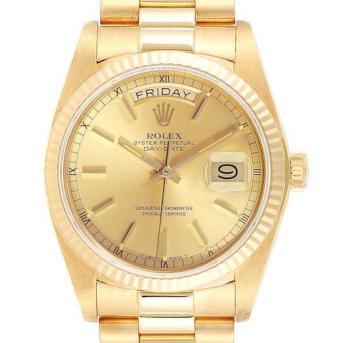 The image shows a frontal view of the Rolex President 18038 Men's Yellow Gold Champagne Dial 18038 Men's Yellow Gold Champagne Dial Day-Date watch, displaying its dial, bezel, and bracelet.